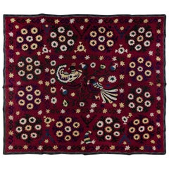 Vintage 6.3x7.3 ft Silk Embroidery Wall Hanging, Bird & Floral Pattern Suzani Bedspread