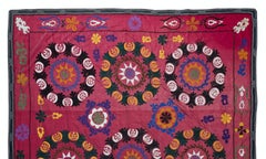 Suzani Cotton Bed Cover, Vintage Hand Embroidered Wall Hanging in Red