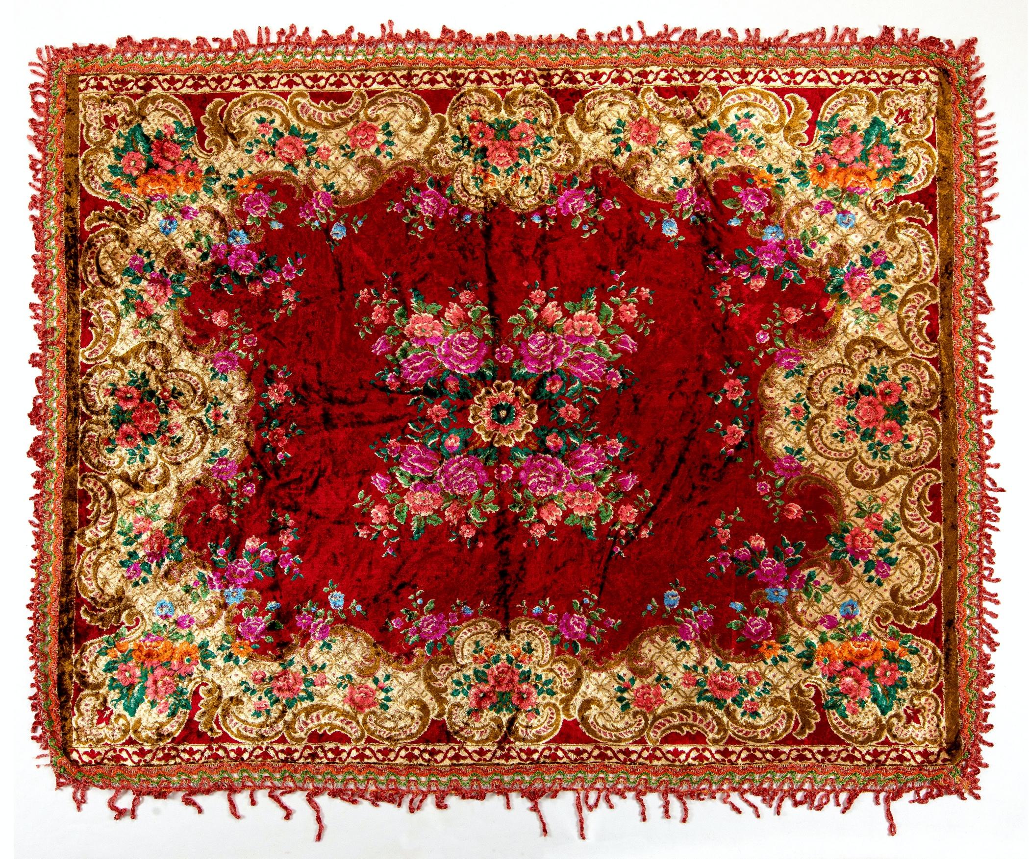Cotton 6.3x7.6 Ft Vintage Floral Moldovan Velvet Table Cover with Crochet Border