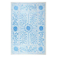 6.3x8 Ft Embroidered Cotton & Silk Bed Cover, Cream & Light Blue Wall Hanging