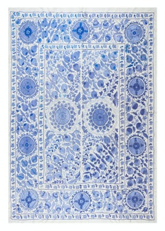 6'3"x8'3" Silk Wall Hanging, Embroidered Bedspread, Blue Tablecloth, New Throw