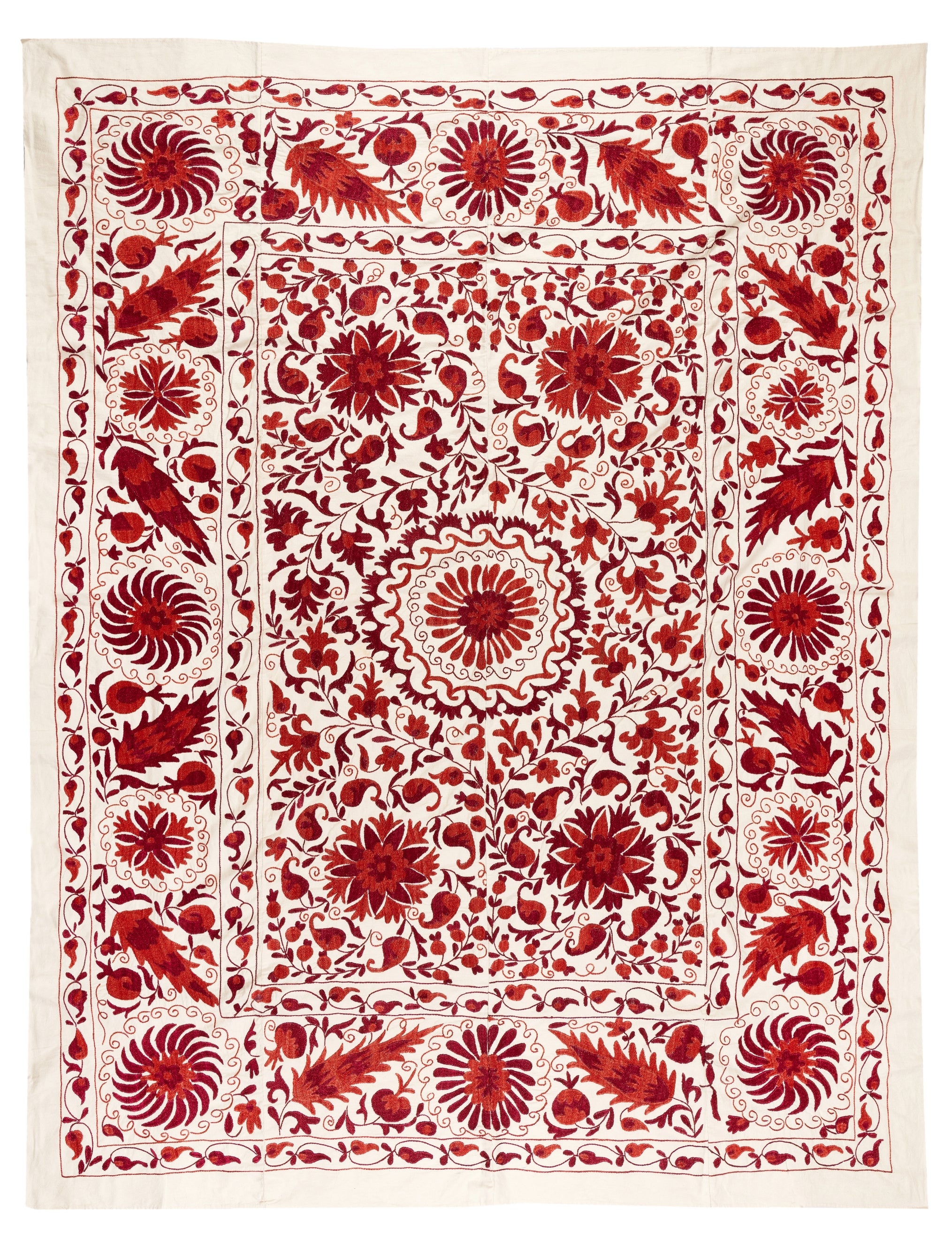 6.3x8 Ft Silk Embroidery Bed Cover in Red & Ivory, Handmade Suzani Wall Hanging