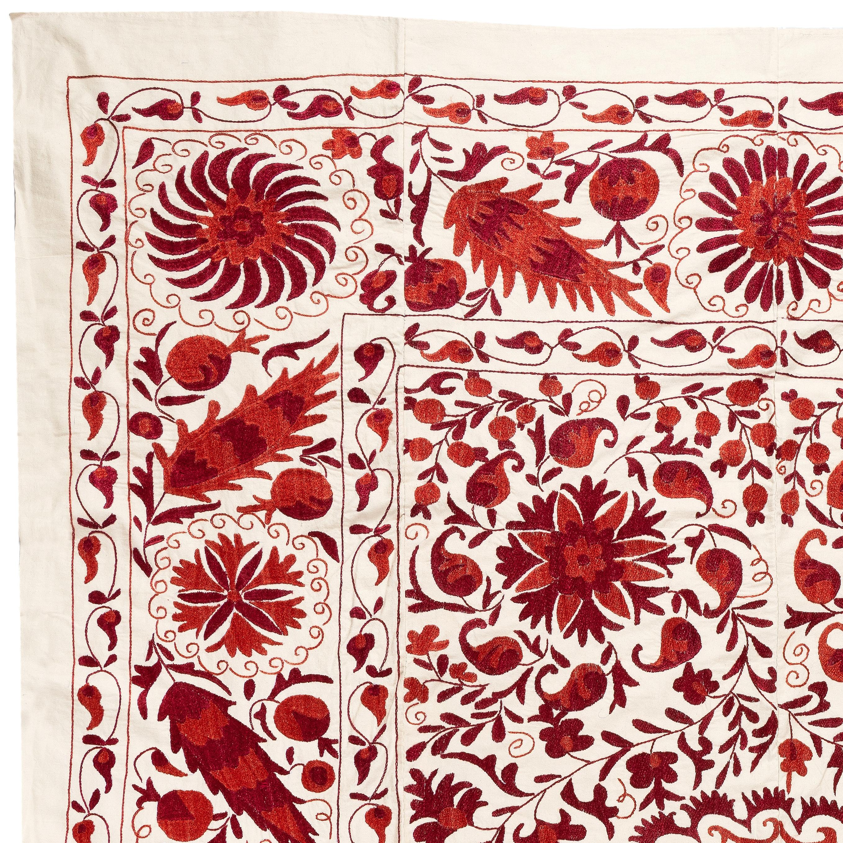 Uzbek 6.3x8 Ft Silk Embroidery Bed Cover in Red & Ivory, Handmade Suzani Wall Hanging
