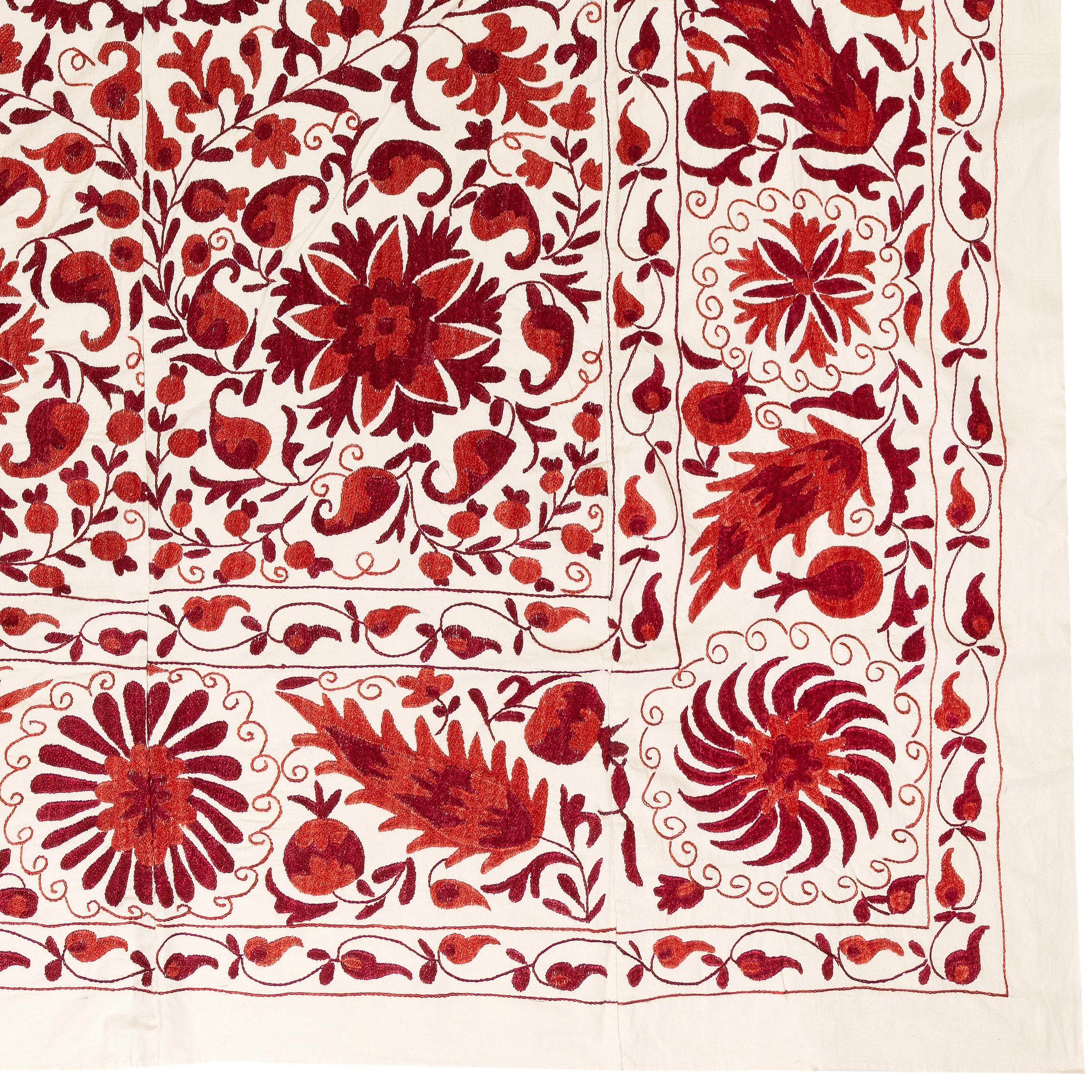 Embroidered 6.3x8 Ft Silk Embroidery Bed Cover in Red & Ivory, Handmade Suzani Wall Hanging