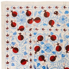 6.3x8 Ft Silk Embroidery Bed Cover. Red and Blue Wall Hanging. Uzbek Tablecloth