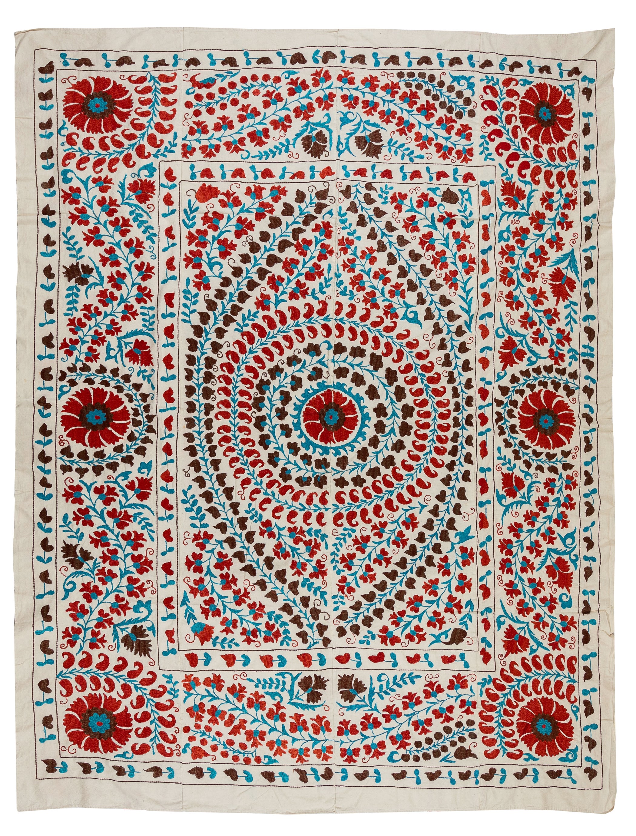 6.3x8 Ft Silk Embroidery Wall Hanging, Suzani Bedspread, New Uzbek Tablecloth For Sale