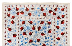 6.3x8 Ft Silk Embroidery Bed Cover in Cream, Red & Light Blue. Suzani Tablecloth