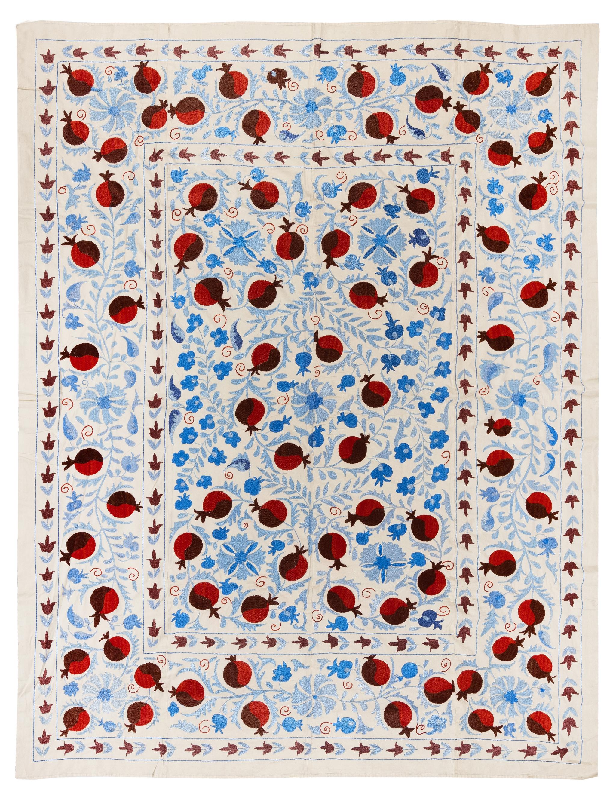 6.3x8 Ft Silk Embroidery Bed Cover in Cream, Red & Light Blue. Suzani Tablecloth