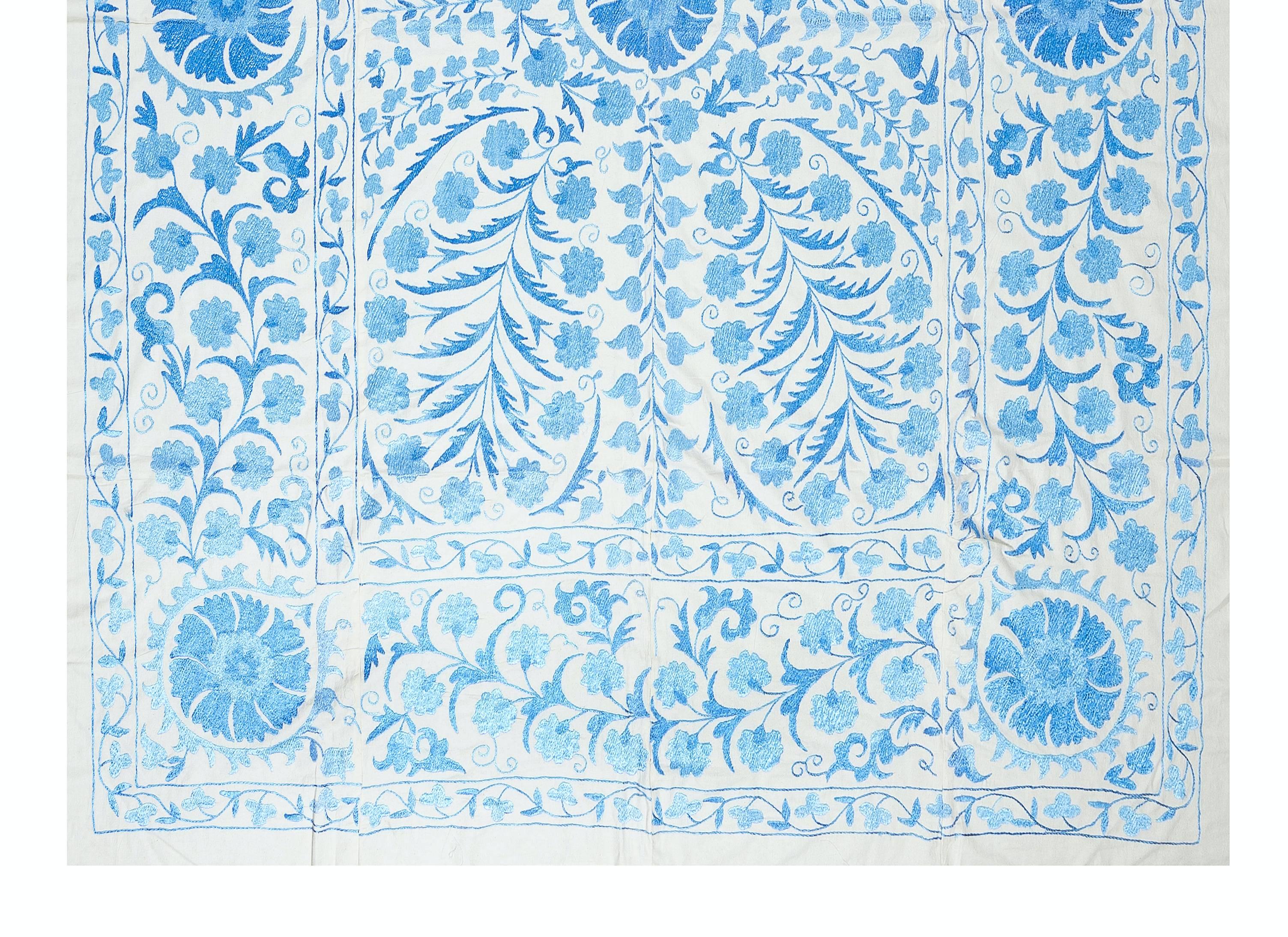 Suzani 6.3x8 Ft Embroidered Cotton & Silk Bed Cover, Cream & Light Blue Wall Hanging For Sale