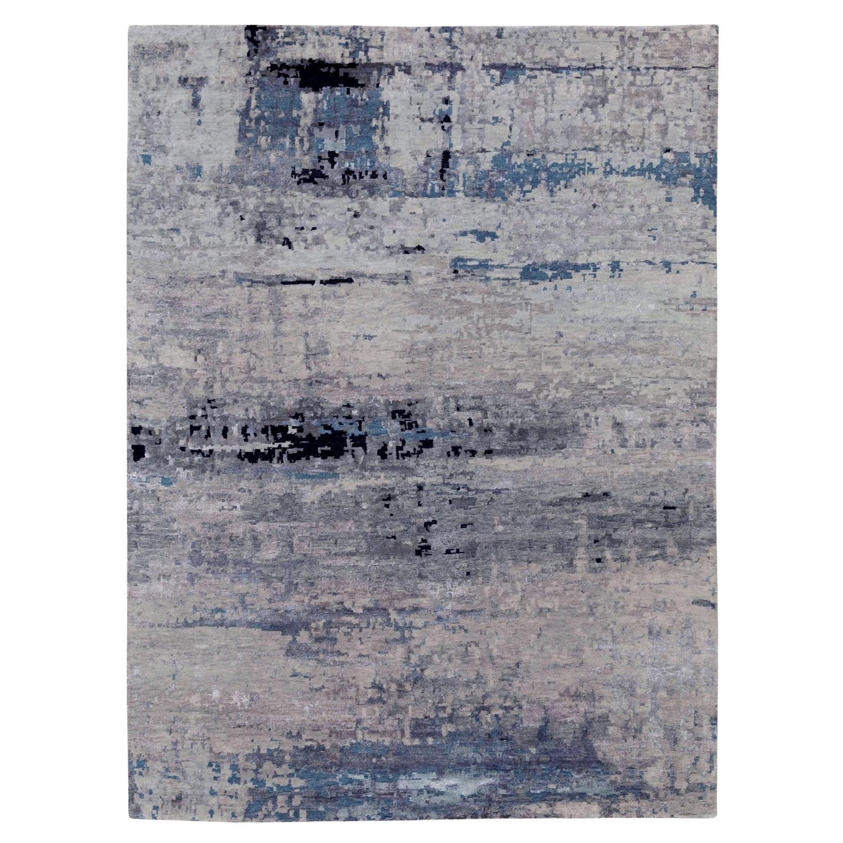 6'3"x8'10" Abstract Design Silver-Blue Hand Knotted Wool & Silk Oriental Rug