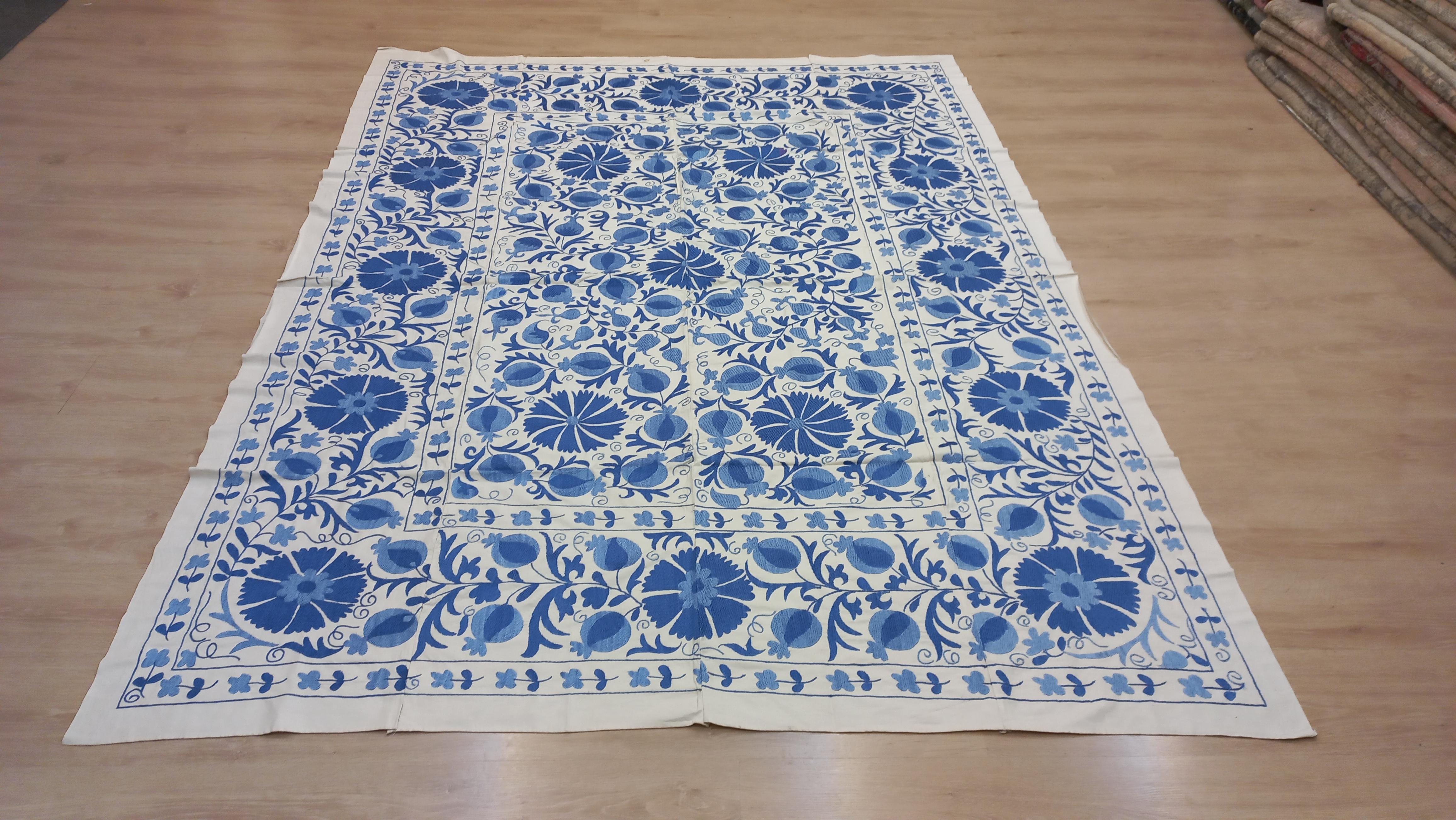 6.3x8.2 Ft Embroidered Wall Hanging in Cream & Blue, Handmade Suzani Bedspread For Sale 4