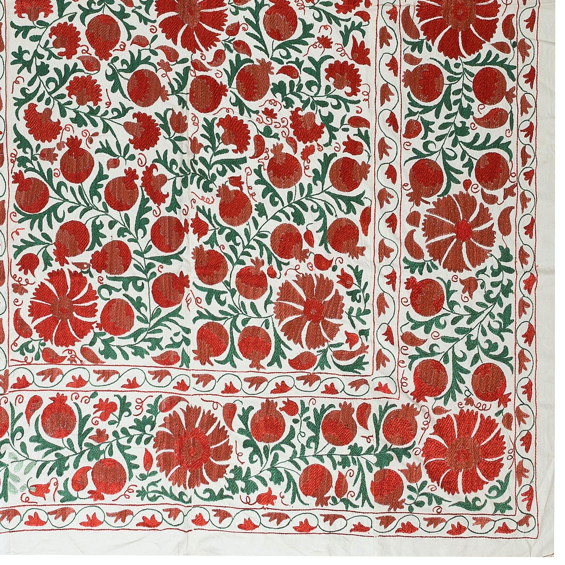 Embroidered 6.3x8.3 Ft Silk Embroidery Bed Cover in Cream, Red & Green, Suzani Wall Hanging For Sale