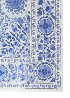 6'3"x8'3" Silk Embroidery Wall Hanging in Blue & Cream, New Suzani Bedspread