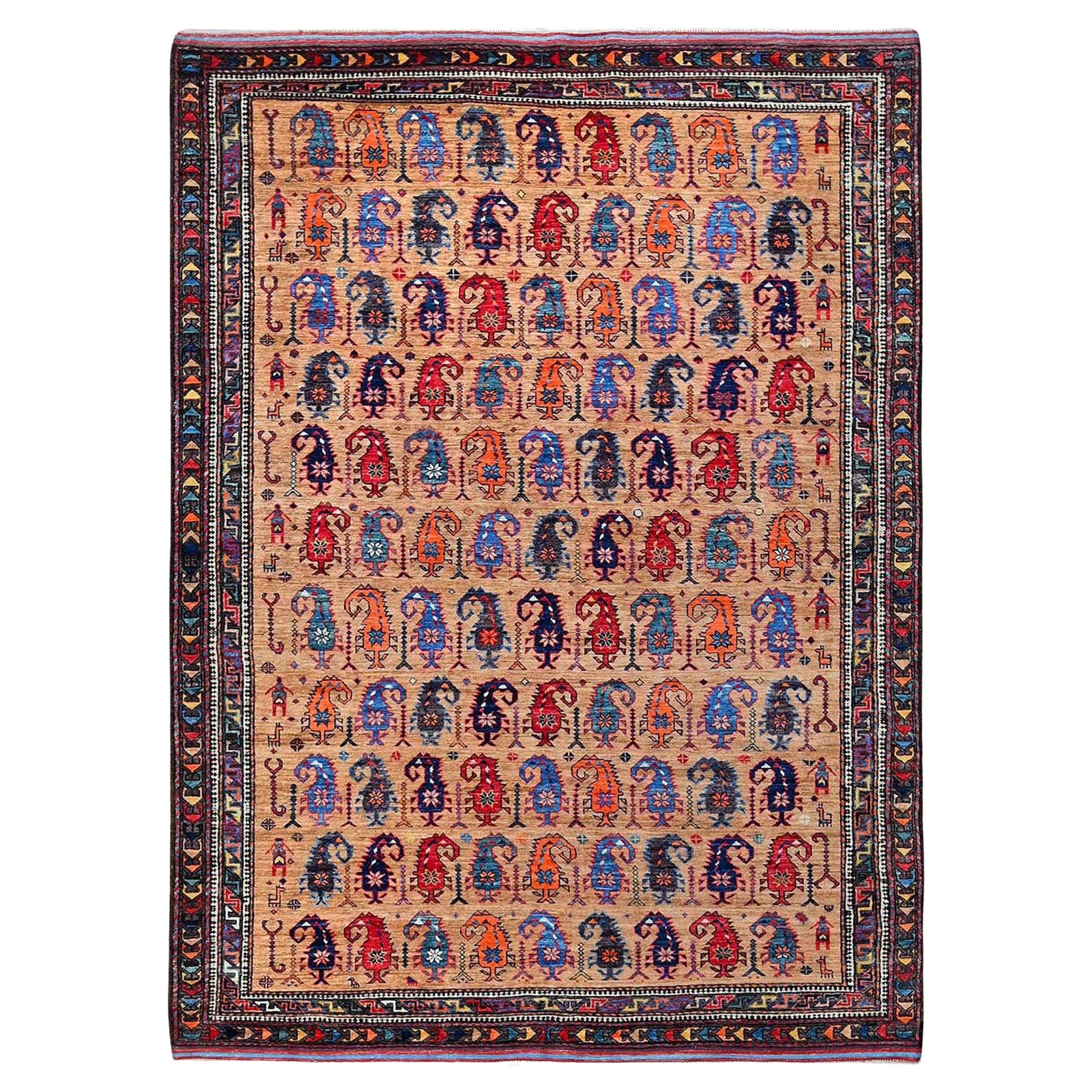 6'3"x8'4" Brown Afghan Ersari Caucasian Design Revival Hand Knotted All Wool Rug For Sale