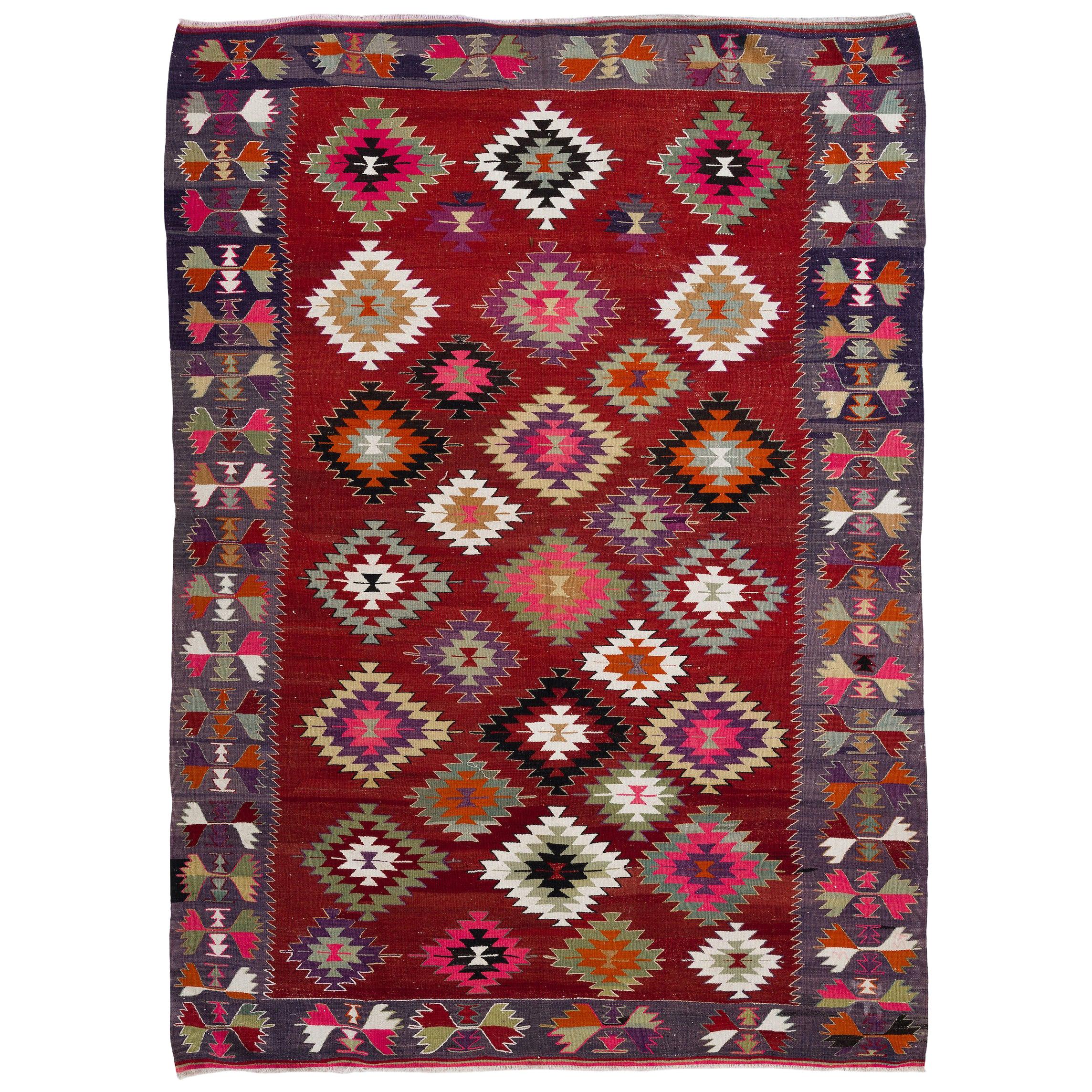 6.3x8.6 Ft Dazzling Handmade Vintage Kilim, Flat Weave Rug, Wool Floor Covering