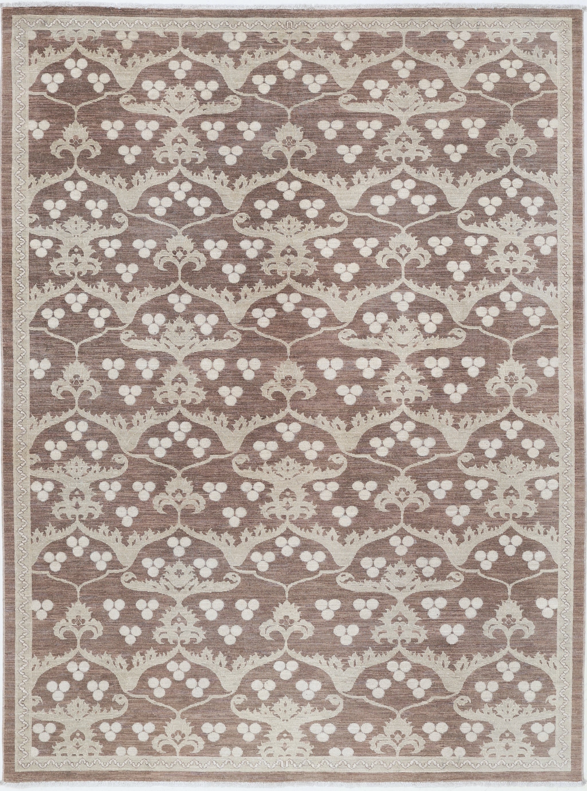 6.3x8.6 ft Hand Knotted Beige, Brown Area Rug. Turkish Ogee Floral Design Carpet