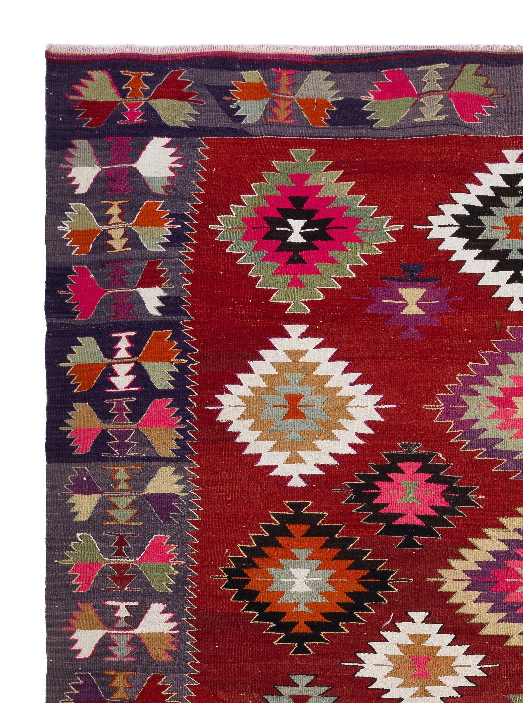 Deslumbrante Kilim Vintage Hecho a Mano, Alfombra de Tejido Plano, Revestimiento de Lana para Suelo Turco en venta