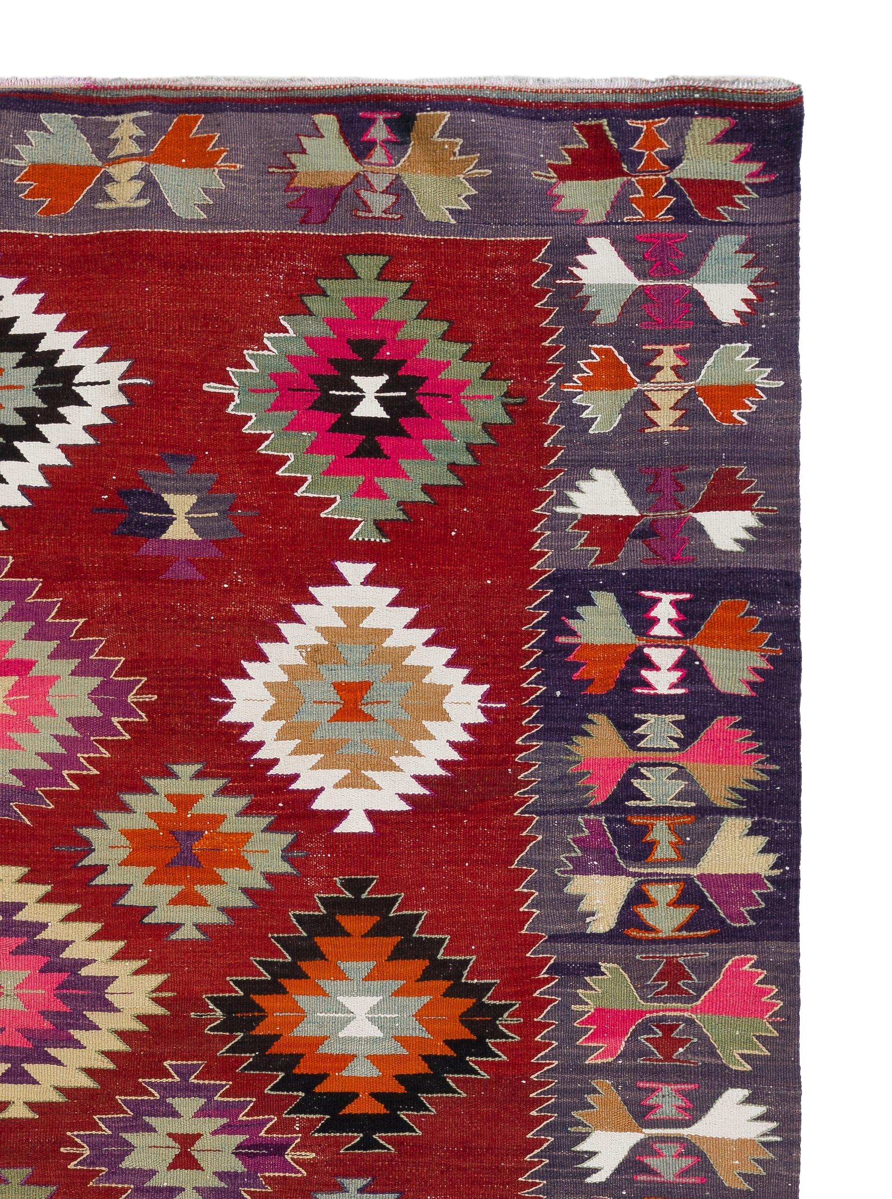 Deslumbrante Kilim Vintage Hecho a Mano, Alfombra de Tejido Plano, Revestimiento de Lana para Suelo Tejido a mano en venta