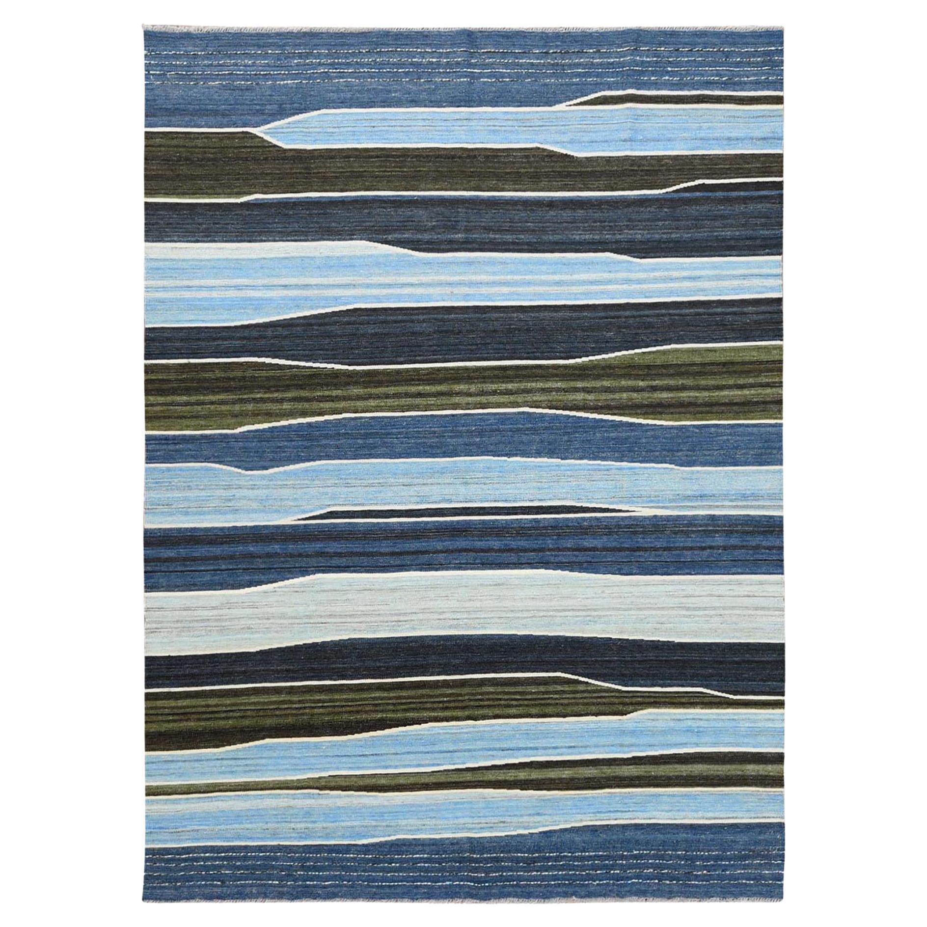 6
3"x8
9" Hand Woven Flat Weave Kilim Organic Blue And Brown Mountain Design Rug