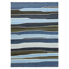 6
3"x8
9" Hand Woven Flat Weave Kilim Organic Blue And Brown Mountain Design Rug