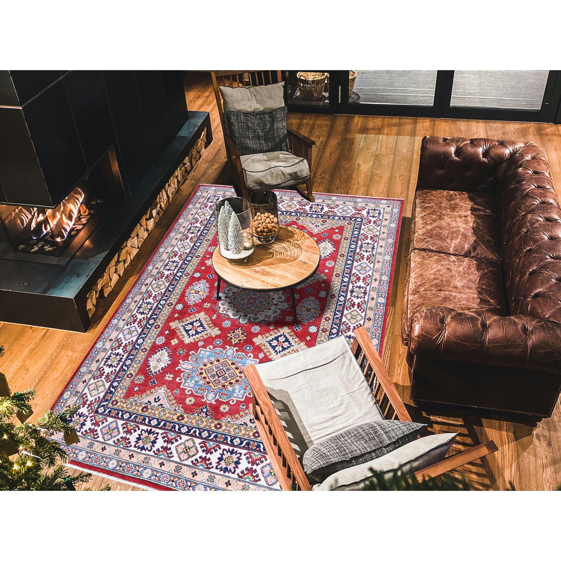 Ajax Red, Kazak with Tribal Medallions Design, Hand Knotted, Soft and Velvety Wool, Denser Weave, Vegetable Dyes, Oriental Rug<br /><br />Primary materials: WoolLatex: NoPile height: 0.25 InchesStyle: TraditionalPrimary color: RedSecondary colors:
