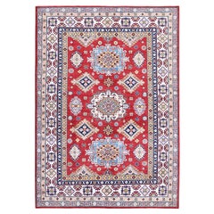 6'3"x9' Ajax Roter Kasach-Teppich aus weicher Wolle mit Medaillons-Design, handgeknüpft