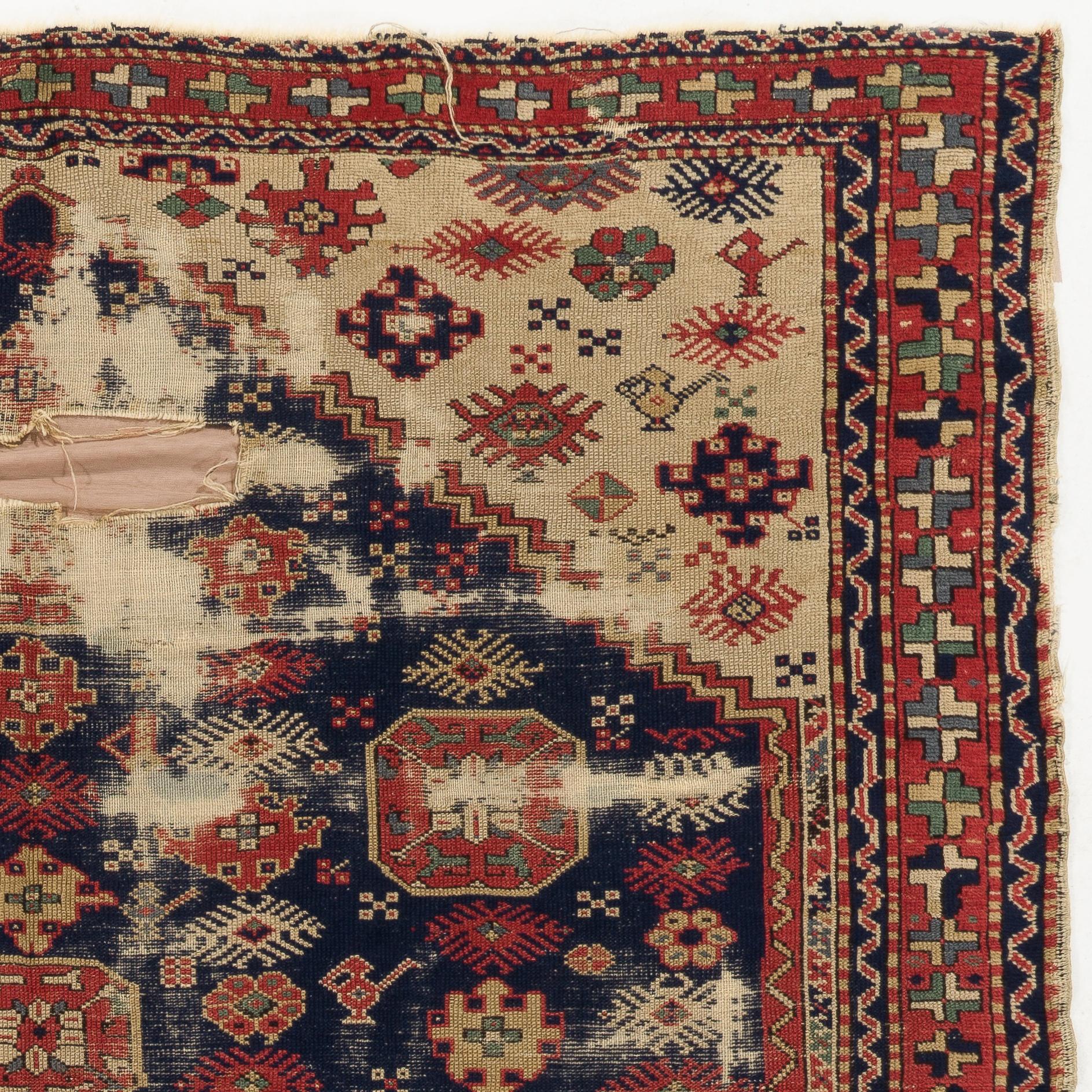 6.3x9 ft Antique Shabby Chic Turkish Rug, ca 1880 In Fair Condition For Sale In Spring Valley, NY