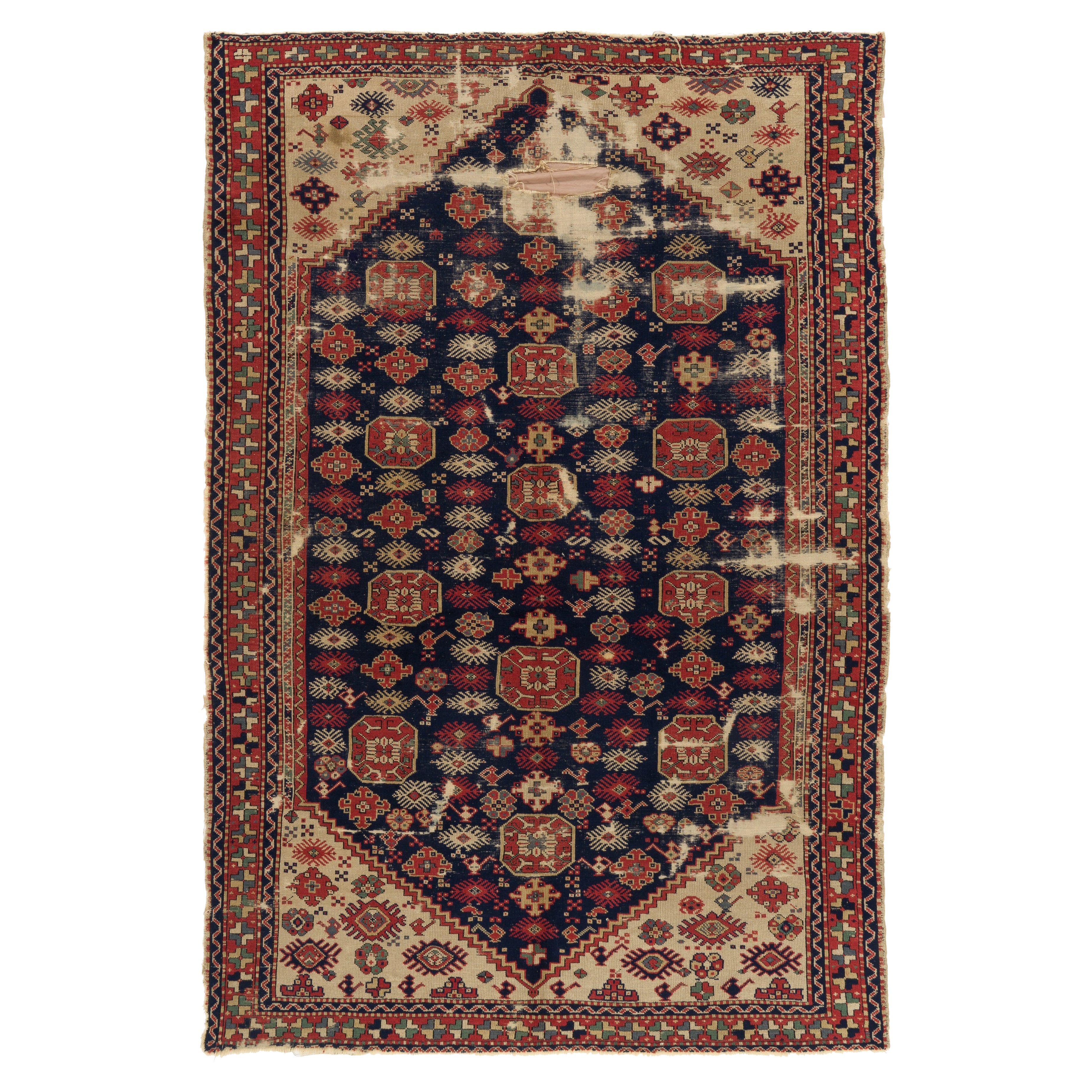 6.3x9 ft Antique Shabby Chic West Anatolian Kula Rug. Ca 1870. Navy Blue and Red For Sale