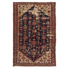 6.3x9 ft Antique Shabby Chic West Anatolian Kula Rug. Ca 1870. Navy Blue and Red