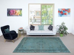 6.3x9 Ft Chinese Art Deco Design Area Rug in Teal Blue. Hand-knotted in Turkey