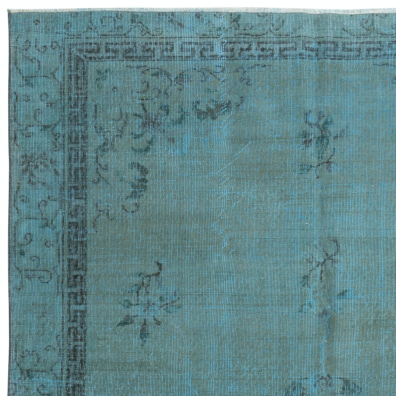 Turkish 6.3x9 Ft Chinese Art Deco Design Area Rug in Teal Blue. Hand-knotted in Turkey For Sale