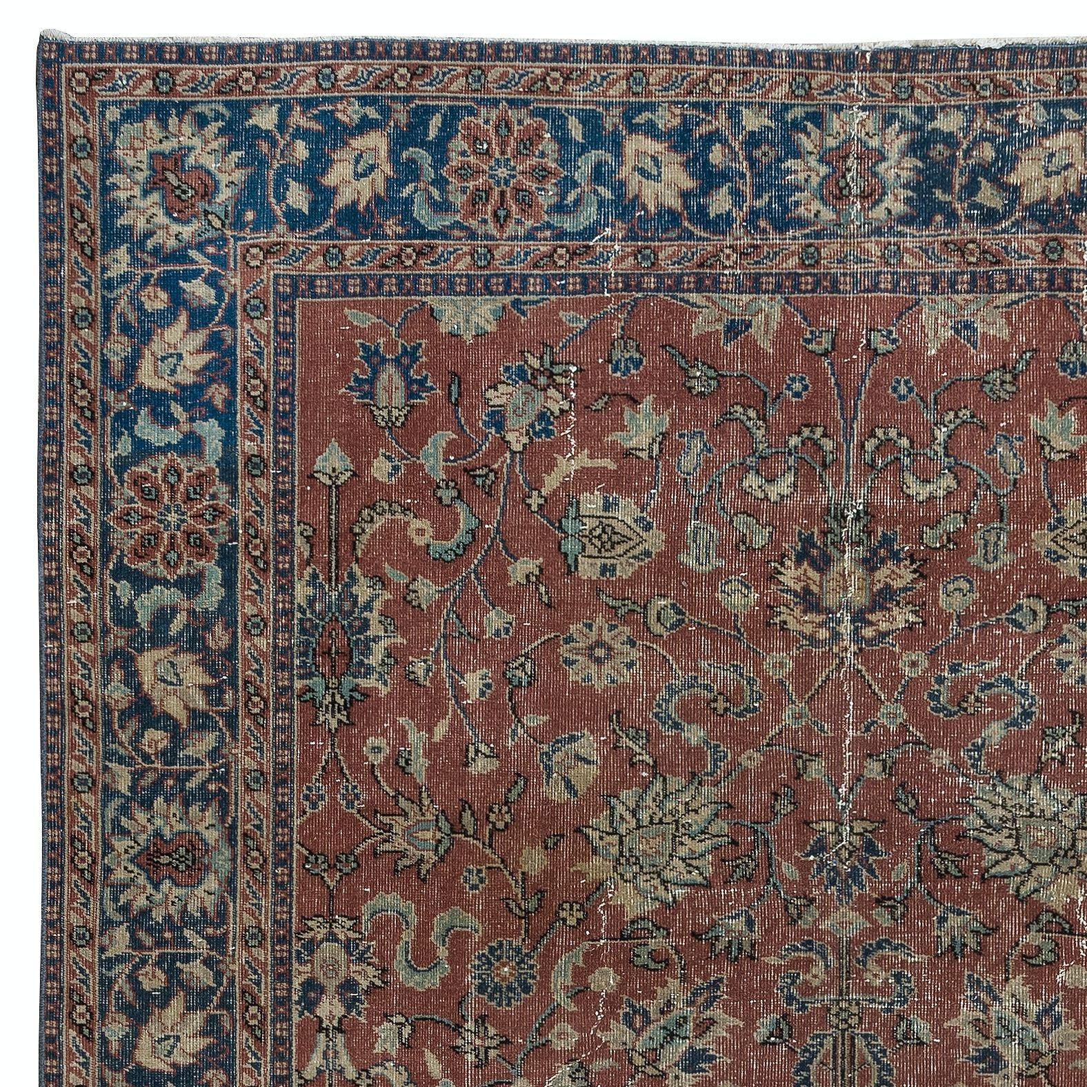 Tribal 6.3x9 Ft Romantic Vintage Handmade Rug in Red & Dark Blue with Botanical Design For Sale