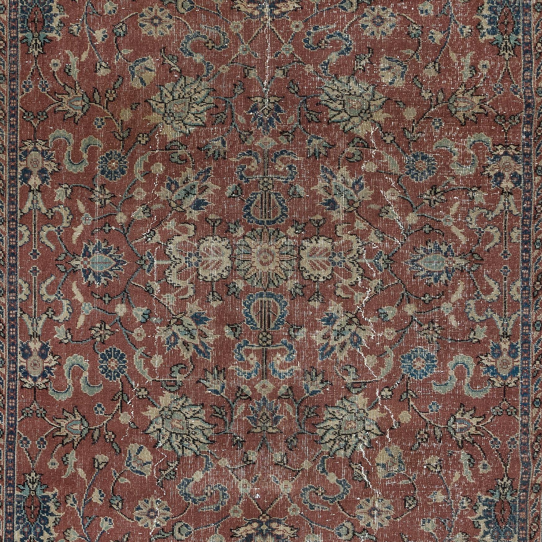 Turkish 6.3x9 Ft Romantic Vintage Handmade Rug in Red & Dark Blue with Botanical Design For Sale