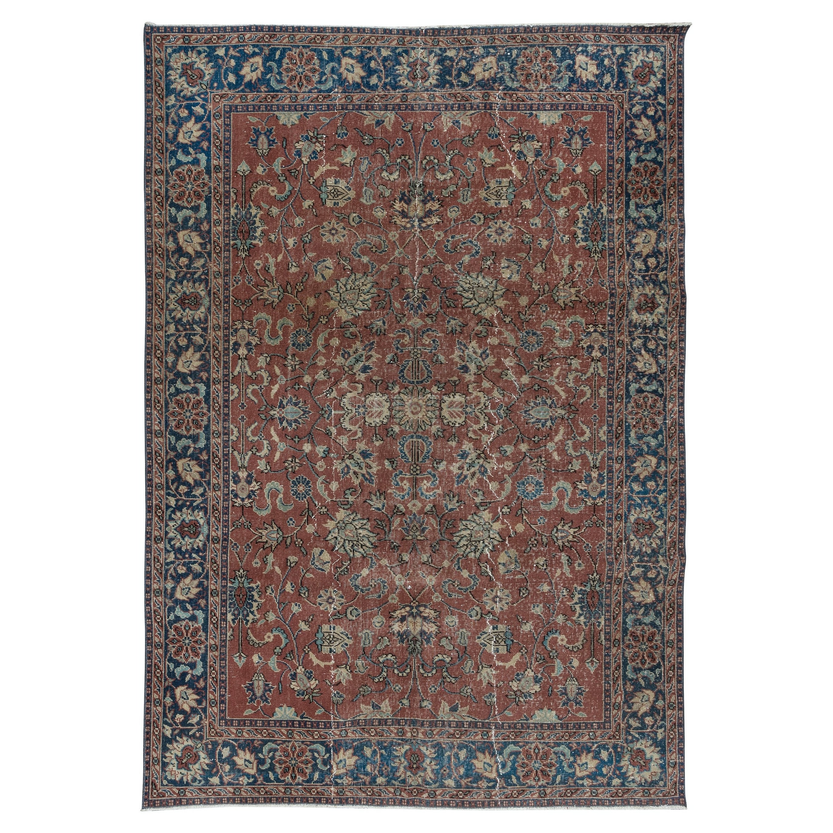 Romantiker handgefertigter Vintage-Teppich in Rot & Dunkelblau mit botanischem Design 6.3x9 Ft