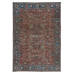 Romantiker handgefertigter Vintage-Teppich in Rot & Dunkelblau mit botanischem Design 6.3x9 Ft
