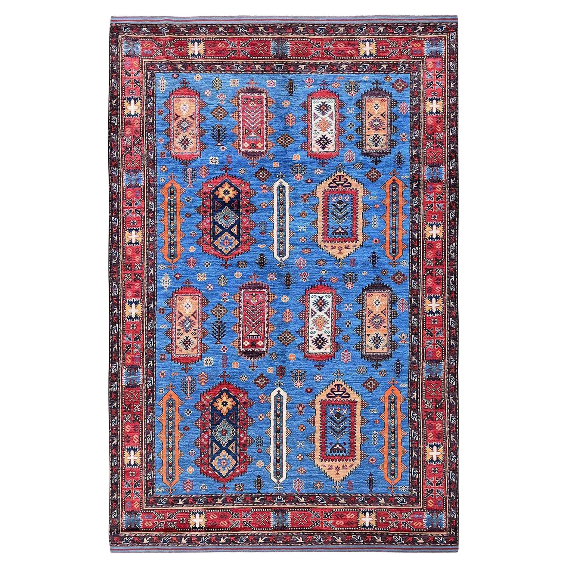 6'3 "x9'1" Blauer afghanischer Ersari mit kaukasischem Design Revival handgeknüpfter Wollteppich