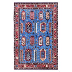 6'3 "x9'1" Blauer afghanischer Ersari mit kaukasischem Design Revival handgeknüpfter Wollteppich