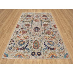 6'3"x9'1" White Hand Knotted Sickle Leaf Design Silk with Wool Oriental Rug