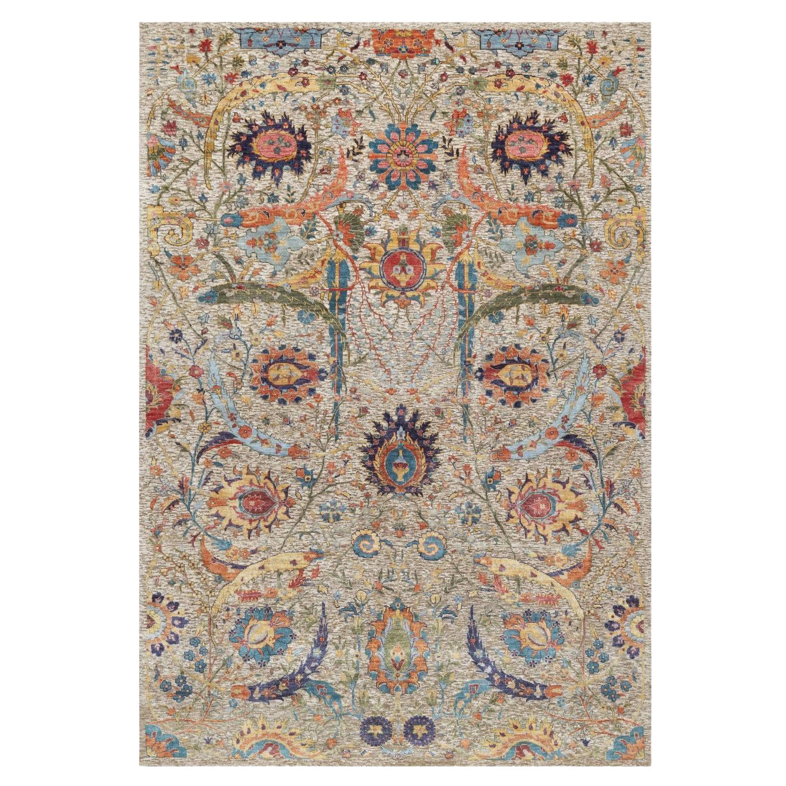 6'3"x9'1" White Hand Knotted Sickle Leaf Design Silk with Wool Oriental Rug