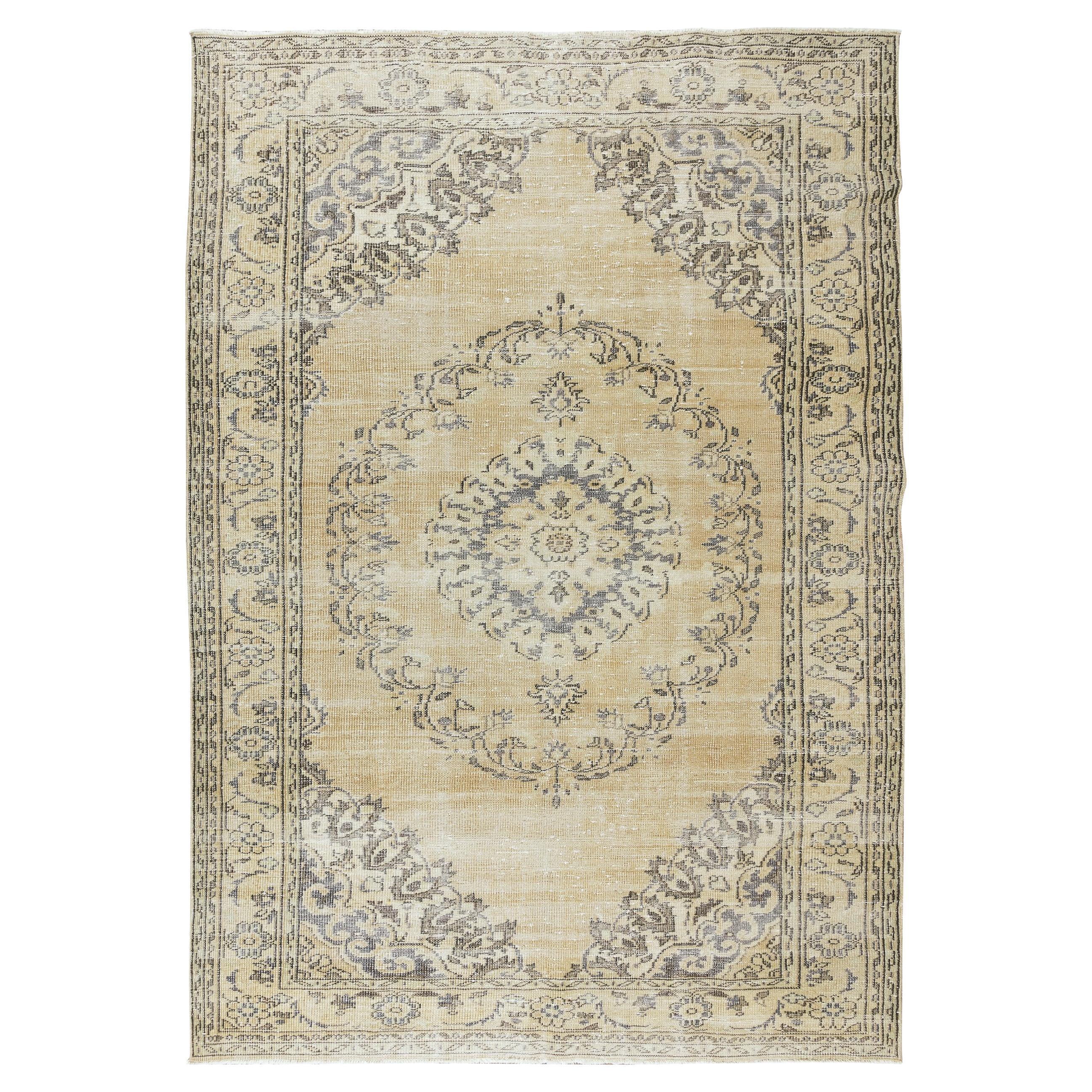 6.3x9.2 Ft Antique Washed Vintage Handmade Anatolian Oushak Wool Area Rug For Sale