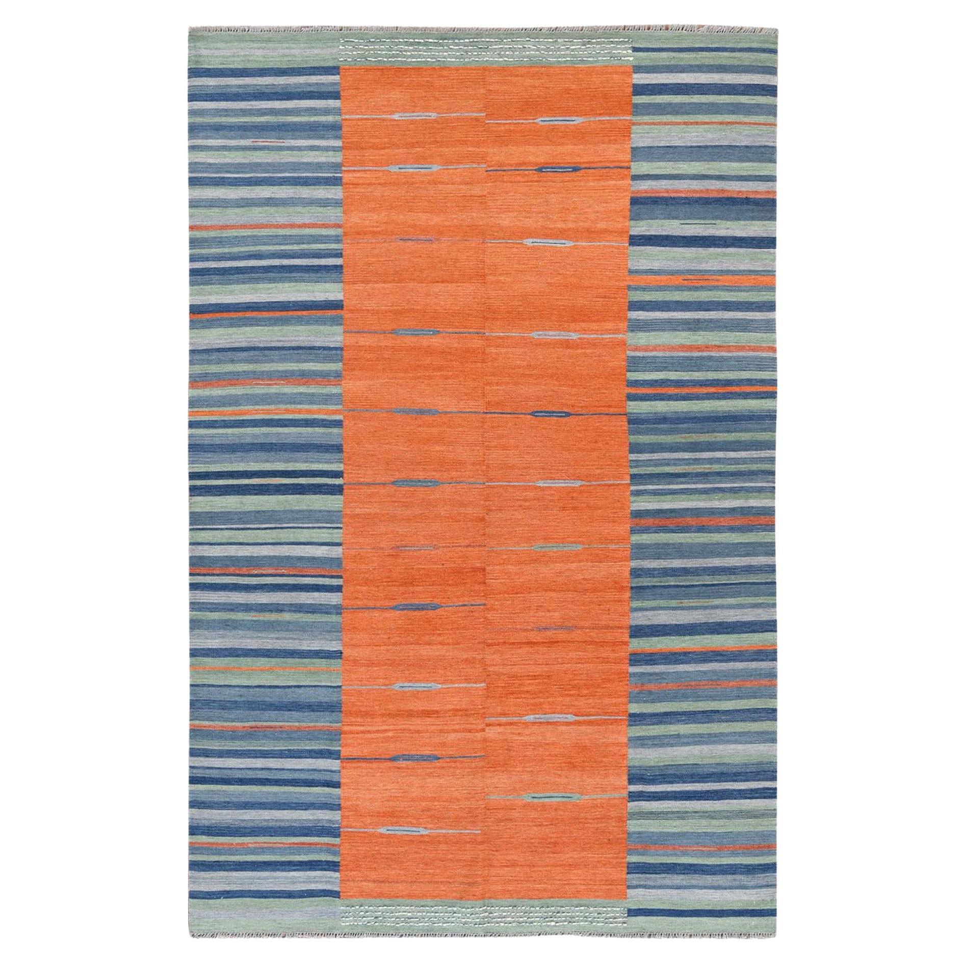 6
3 "x9
2" Hand gewebt Sunburst und Streifen Design flach weben Kilim Wolle Teppich im Angebot