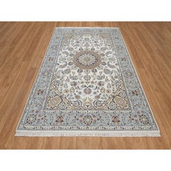 6'3"x9'2" Ivory Hand Knotted Nain with Medallion Design Wool & Silk 250 KPSI Rug