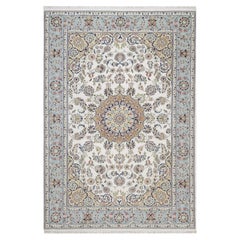 6'3"x9'2" Ivory Hand Knotted Nain with Medallion Design Wool & Silk 250 KPSI Rug