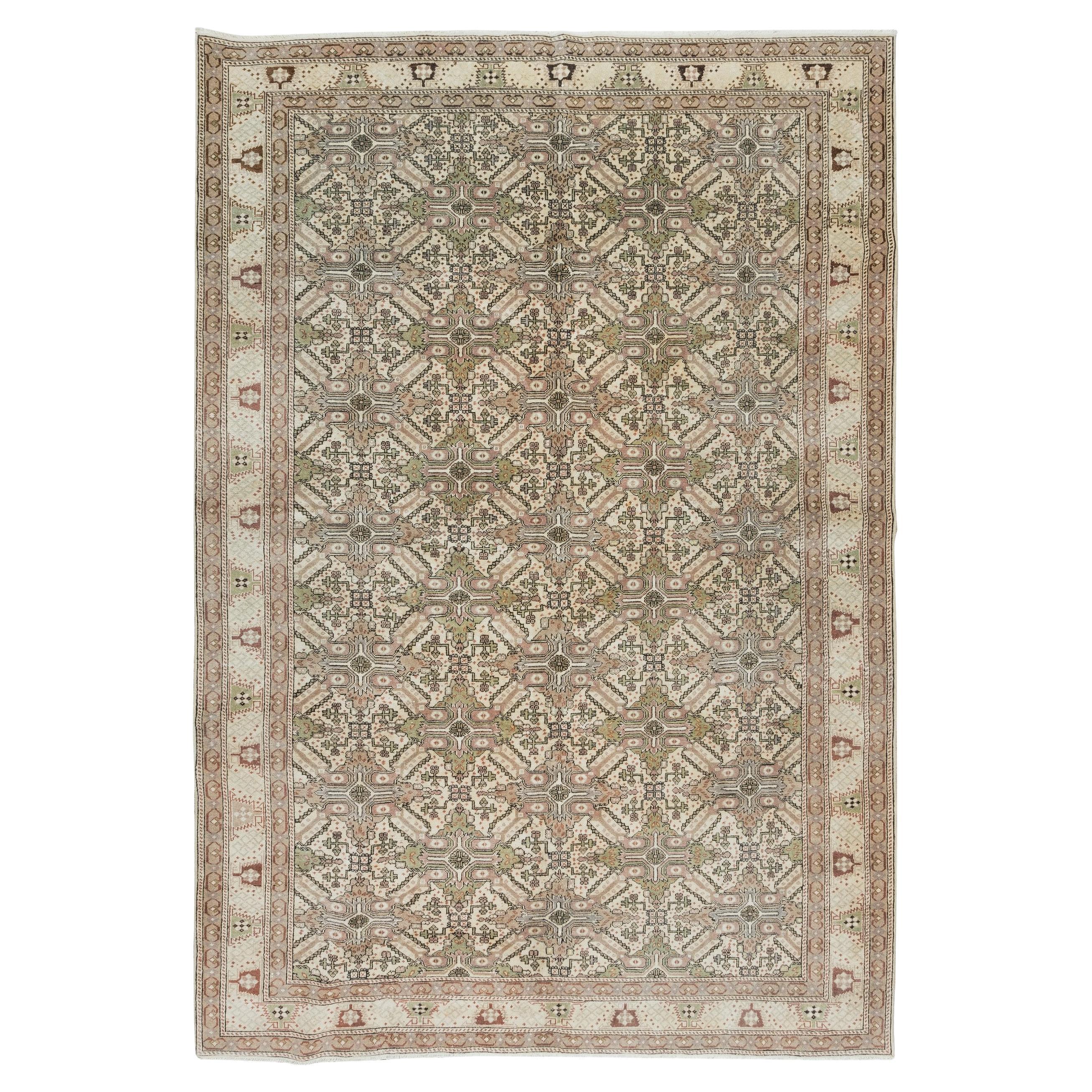 Handmade Turkish Area Rug, Vintage Floral Wool Carpet For Sale