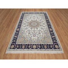6'3"x9'4" Ivory Hand Knotted Nain with Medallion Design Wool & Silk 250 KPSI Rug