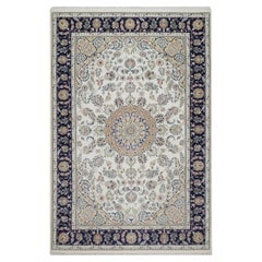 6'3"x9'4" Ivory Hand Knotted Nain with Medallion Design Wool & Silk 250 KPSI Rug