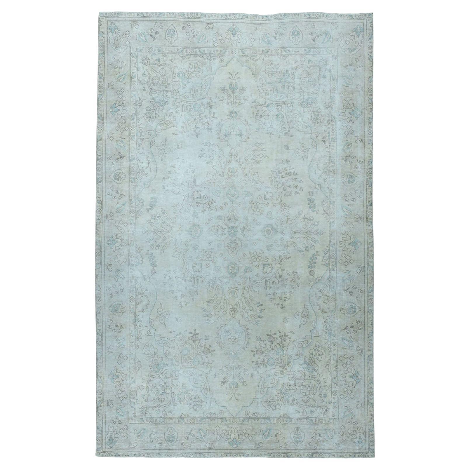 6'3"x9'5" Vintage White Wash Tabriz Worn Wool Hand-Knotted Oriental Rug For Sale