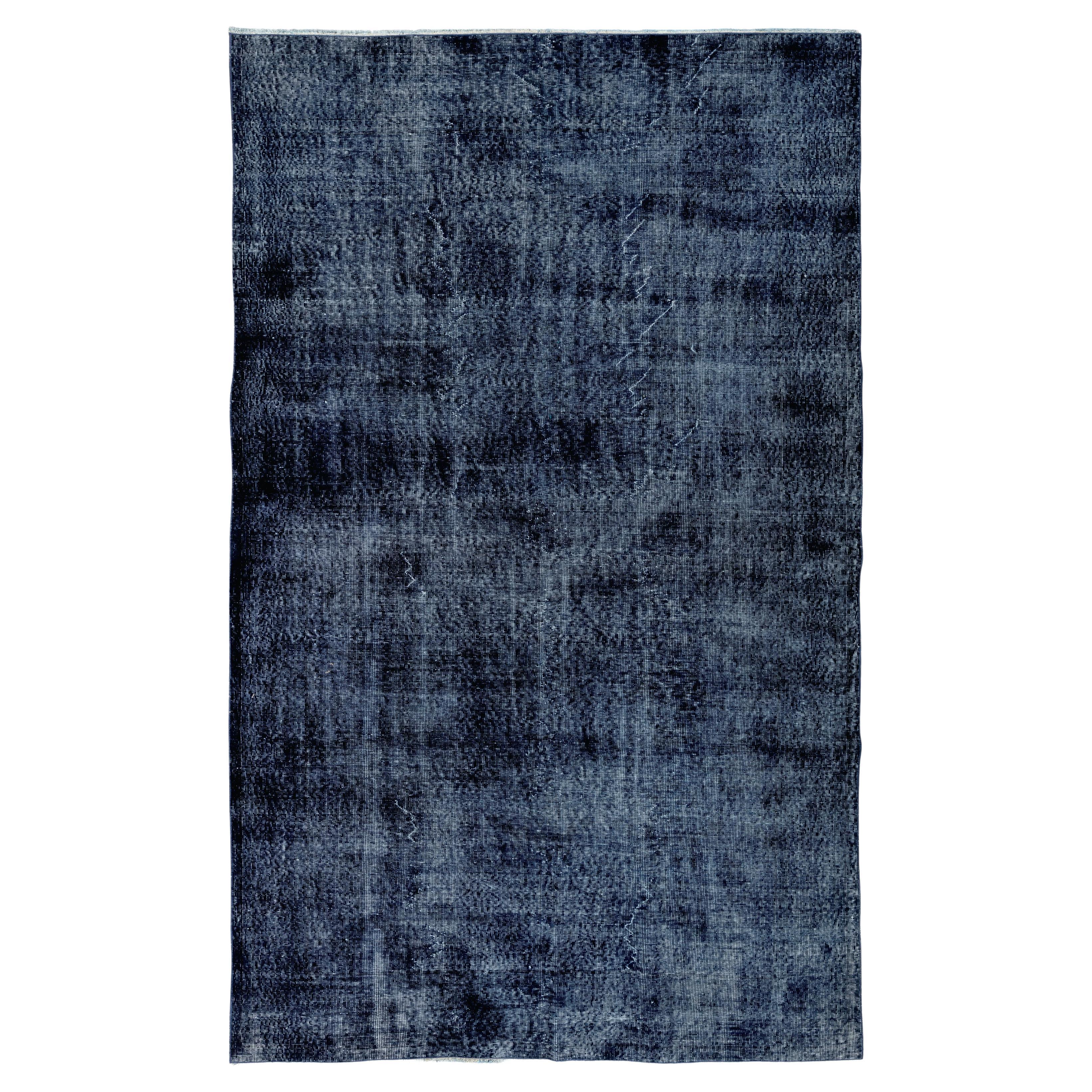 6.3x9.6 Ft Distressed Vintage Handmade Turkish Area Rug in Solid Navy Blue
