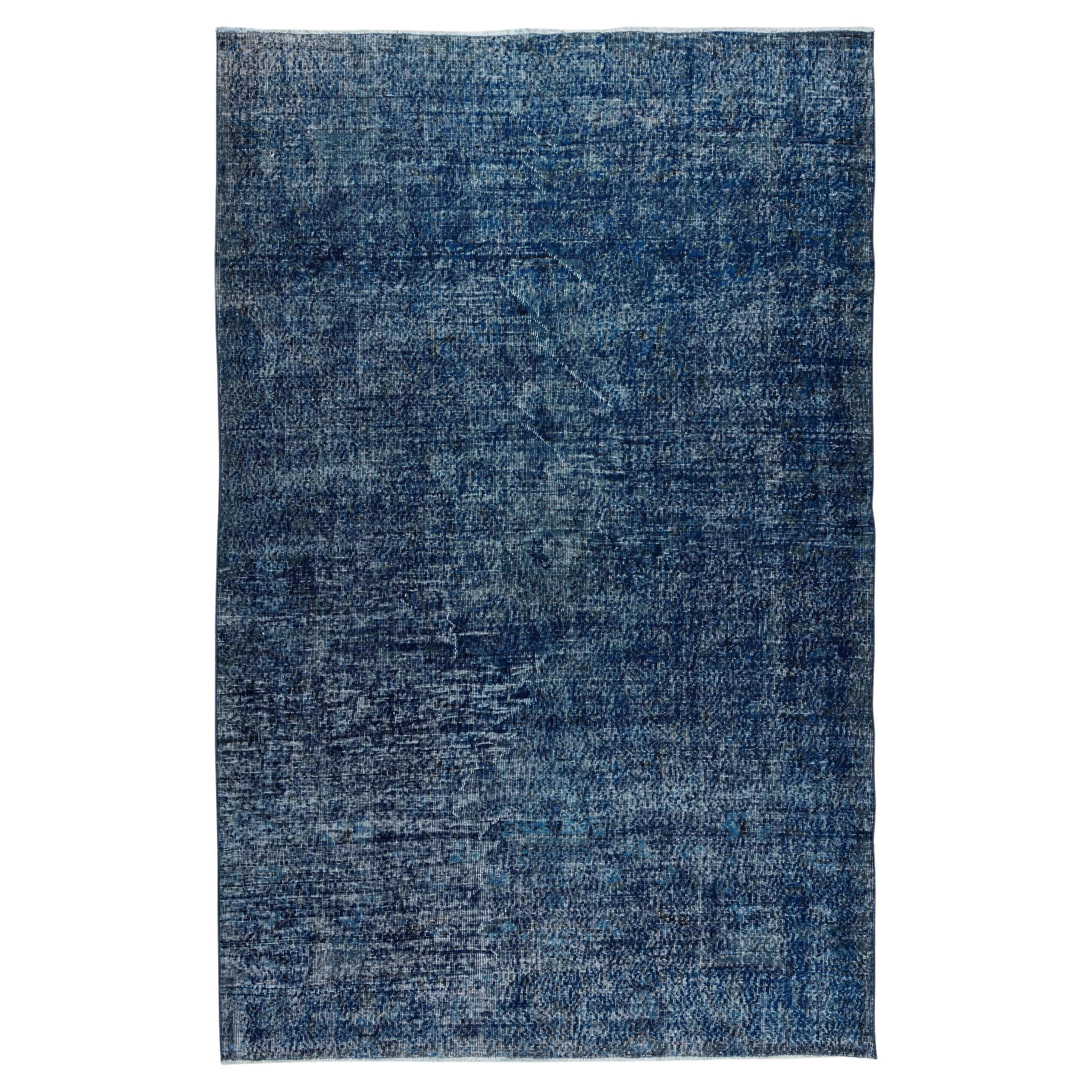 6.3x9.6 ft Handmade Vintage Turkish Rug Re-Dyed in Navy Blue for Modern Interior