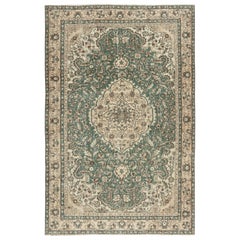 6.3x9.6 Ft Traditional Turkish Wool Rug. Vintage Green Hand-Knotted Area Carpet